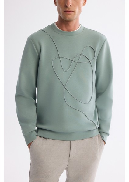 Erkek Mint Yeşil Bisiklet Yaka Pamuklu Nakışlı Regular Fit Sweatshirt A42Y1247