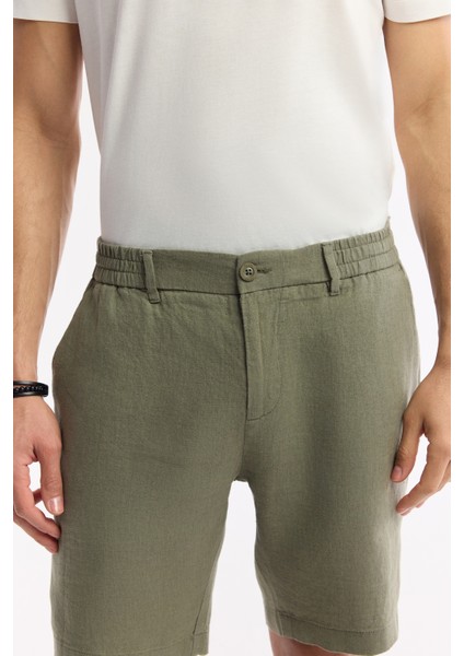Erkek Haki Beli Lastikli %100 Keten Relaxed Fit Şort B003732