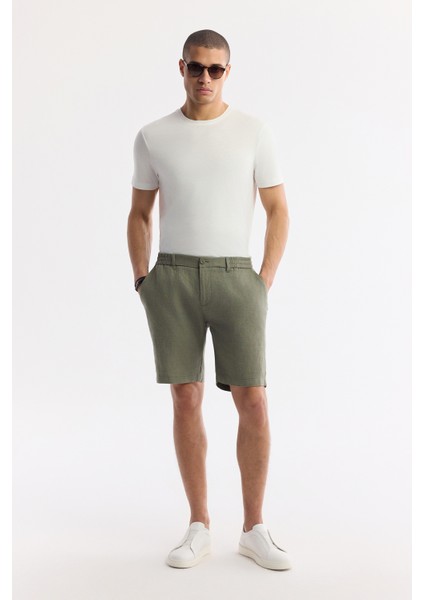 Erkek Haki Beli Lastikli %100 Keten Relaxed Fit Şort B003732