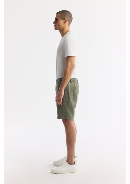 Erkek Haki Beli Lastikli %100 Keten Relaxed Fit Şort B003732
