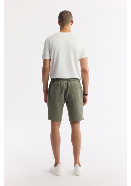 Erkek Haki Beli Lastikli %100 Keten Relaxed Fit Şort B003732