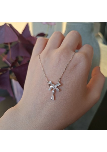 925 Ayar Gümüş Zirkon Taşlı Kurdele Model Genç/yetişkin Kadın Kolyesi - Şık Tasarım modelleri