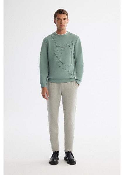 Erkek Mint Yeşil Bisiklet Yaka Pamuklu Nakışlı Regular Fit Sweatshirt A42Y1247