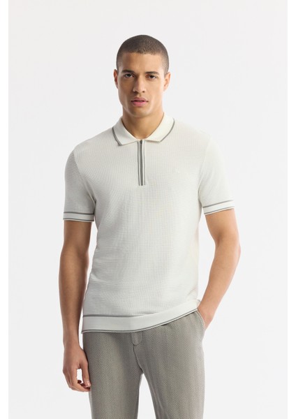 Erkek Ekru Polo Yaka Dokulu Rayon Triko Regular Fit T-Shirt A51Y5165