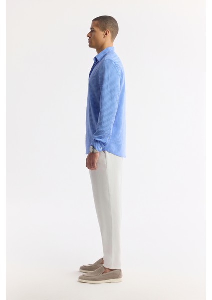 Erkek Mavi Alttan Britli Yaka Çizgili Viskon Karışımlı Comfort Fit Gömlek A51Y2128