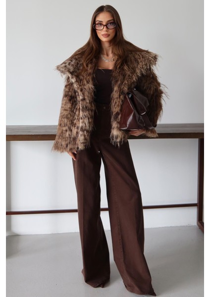 Mendil Yaka Saçaklı Leopar Desen Suni Kürk Ceket Kamel 1017 fiyatları