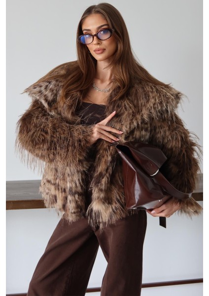 Mendil Yaka Saçaklı Leopar Desen Suni Kürk Ceket Kamel 1017 modelleri