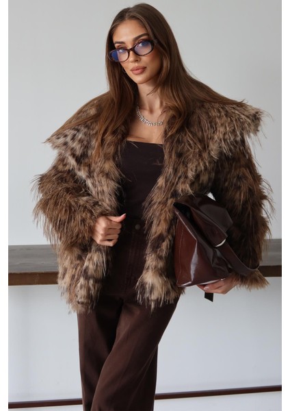 Mendil Yaka Saçaklı Leopar Desen Suni Kürk Ceket Kamel 1017 indirimleri