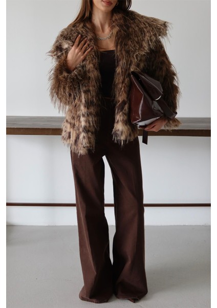 Mendil Yaka Saçaklı Leopar Desen Suni Kürk Ceket Kamel 1017