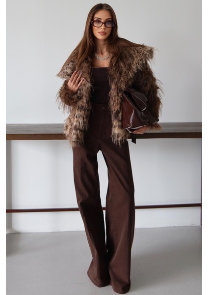 Mendil Yaka Saçaklı Leopar Desen Suni Kürk Ceket Kamel 1017