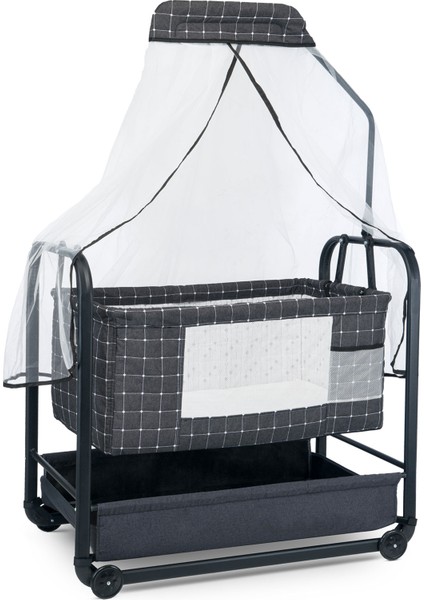 Bebelovv Elegance Beşik Keten Kumaş Profil Sallanabilir Portatif Anne Yanı Cibinlikli Siyah Hamak Sepet