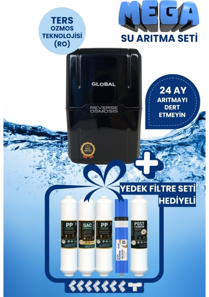 Mega Su Arıtma Seti-Yedek Filtre Seti HEDIYELI-80GPD 5 Filtreli Ro Sistem-8 Lt Tank-Beyaz