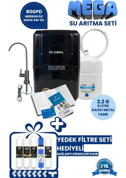 Mega Su Arıtma Seti-Yedek Filtre Seti HEDIYELI-80GPD 5 Filtreli Ro Sistem-8 Lt Tank-Beyaz fırsatları