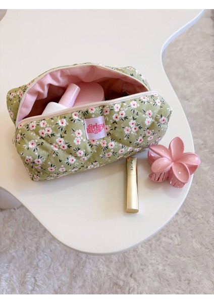 Yeşil Çiçekli Makyaj Çantası Çiçek Desenli Büyük Boy Fermuarlı Portföy Çanta