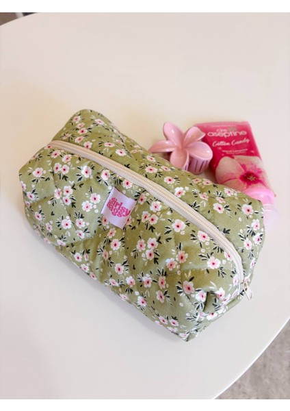 Yeşil Çiçekli Makyaj Çantası Çiçek Desenli Büyük Boy Fermuarlı Portföy Çanta fiyatları