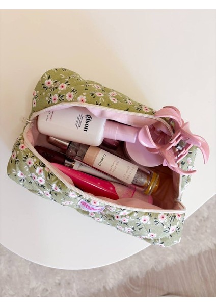 Yeşil Çiçekli Makyaj Çantası Çiçek Desenli Büyük Boy Fermuarlı Portföy Çanta modelleri