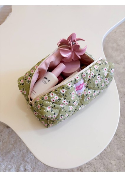 Yeşil Çiçekli Makyaj Çantası Çiçek Desenli Büyük Boy Fermuarlı Portföy Çanta fırsatları