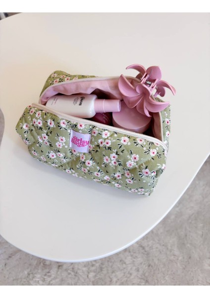 Yeşil Çiçekli Makyaj Çantası Çiçek Desenli Büyük Boy Fermuarlı Portföy Çanta indirimleri