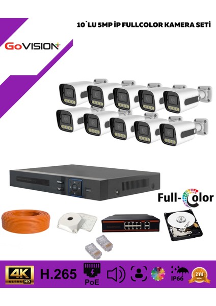 Govision Go Vision 10'lu Güvenlik Ip Kamera Seti - 5mp Dış Mekan Kamera, 3.6mm Lens, H.265, Poe, Warm LED Gece Görüşlü