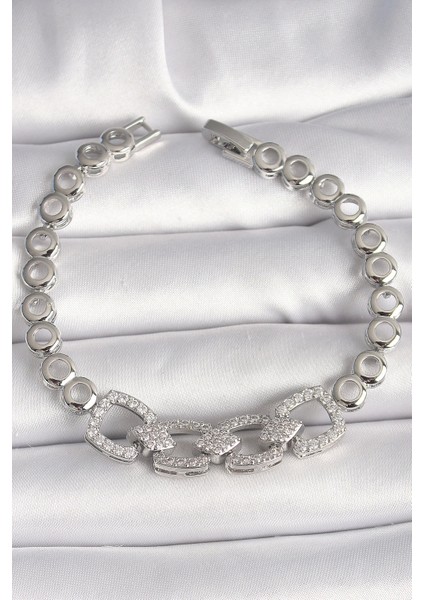 Bfs Pirinç Gümüş Renk Zirkon Taşlı Daire Zincir Model Kadın Bileklik