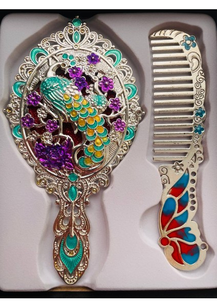 Ayna Tarak Seti, Kutulu-Metal-Hediyelik Takım, 13CM Aynalı Saç Fırçası, Tavuskuşu Figürlü fiyatları