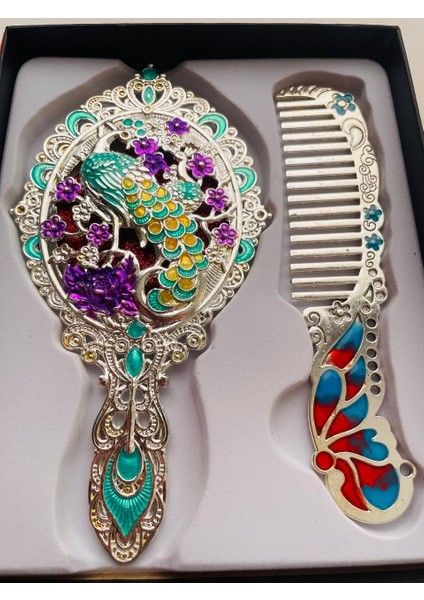 Ayna Tarak Seti, Kutulu-Metal-Hediyelik Takım, 13CM Aynalı Saç Fırçası, Tavuskuşu Figürlü modelleri