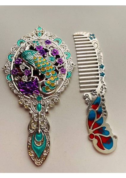 Ayna Tarak Seti, Kutulu-Metal-Hediyelik Takım, 13CM Aynalı Saç Fırçası, Tavuskuşu Figürlü fırsatları