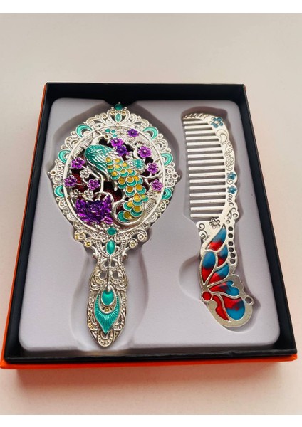 Ayna Tarak Seti, Kutulu-Metal-Hediyelik Takım, 13CM Aynalı Saç Fırçası, Tavuskuşu Figürlü