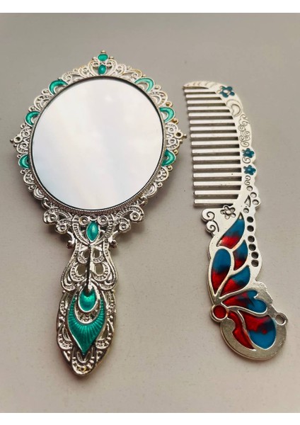 Ayna Tarak Seti, Kutulu-Metal-Hediyelik Takım, 13CM Aynalı Saç Fırçası, Tavuskuşu Figürlü