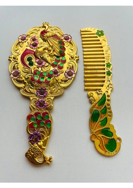 Ayna Tarak Seti, Kutulu-Metal-Hediyelik Takım, 13CM Aynalı Saç Fırçası, Tavuskuşu Figürlü