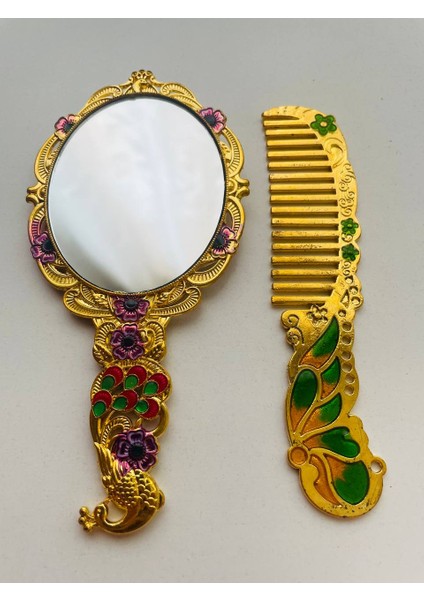 Ayna Tarak Seti, Kutulu-Metal-Hediyelik Takım, 13CM Aynalı Saç Fırçası, Tavuskuşu Figürlü