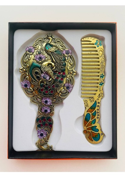 Ayna Tarak Seti, Kutulu-Metal-Hediyelik Takım, 13CM Aynalı Saç Fırçası, Tavuskuşu Figürlü