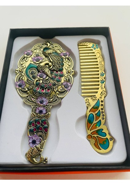 Ayna Tarak Seti, Kutulu-Metal-Hediyelik Takım, 13CM Aynalı Saç Fırçası, Tavuskuşu Figürlü modelleri
