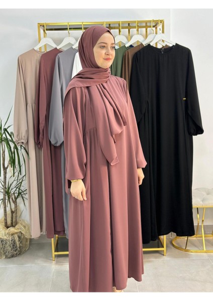 Şallı ,tesettür Yandan Büzgülü Elbise Takım ( Hac ve Umre Için Uygundur) Gül Renk