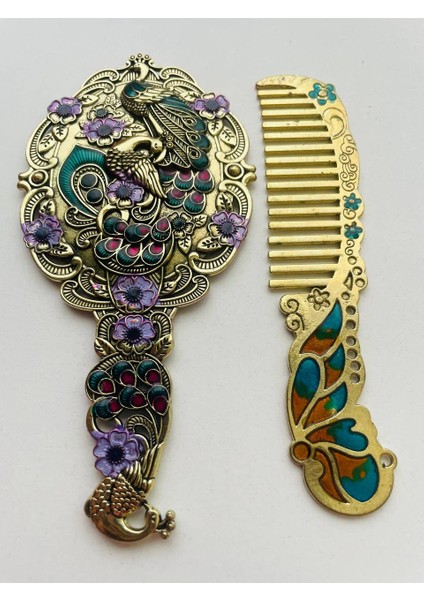 Ayna Tarak Seti, Kutulu-Metal-Hediyelik Takım, 13CM Aynalı Saç Fırçası, Tavuskuşu Figürlü