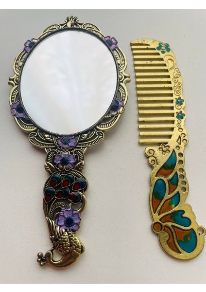 Ayna Tarak Seti, Kutulu-Metal-Hediyelik Takım, 13CM Aynalı Saç Fırçası, Tavuskuşu Figürlü