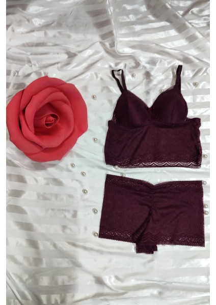 Bordo Büstiyer Boxer Iç Çamaşır Takımı Dantel Desenli Light Pad Telsiz Yumuşak Pedli fiyatları