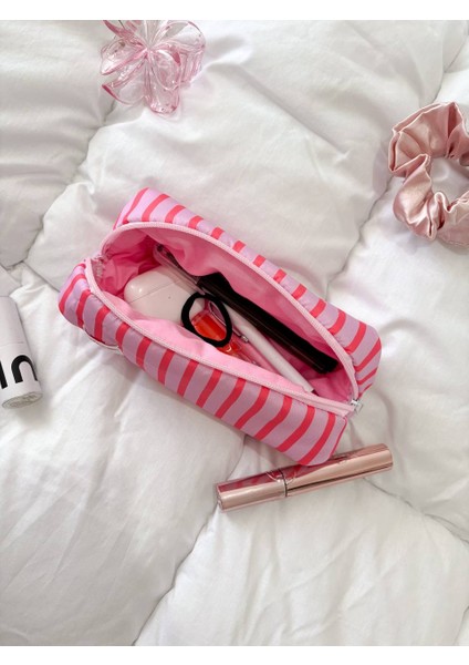 Pembe Çizgili Tek Gözlü Kalemlik Sıvı Geçirmez Yıkanabilir Fermuarlı Okul Kalem Kutusu