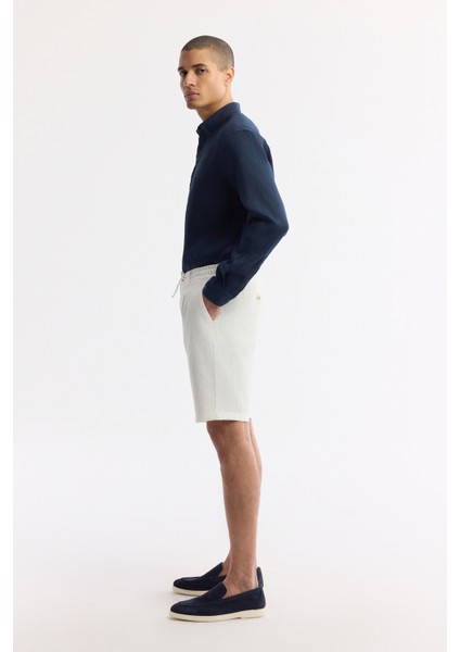 Erkek Kırık Beyaz Beli Lastikli Keten Karışımlı Relaxed Fit Şort B003731