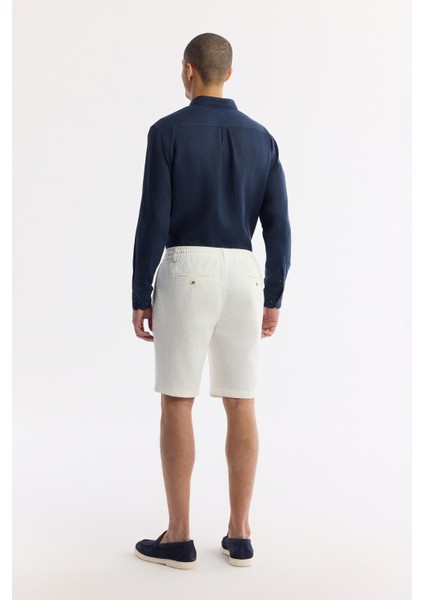 Erkek Kırık Beyaz Beli Lastikli Keten Karışımlı Relaxed Fit Şort B003731