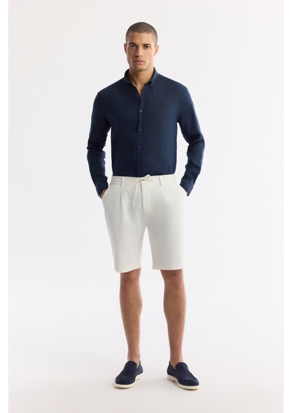 Erkek Kırık Beyaz Beli Lastikli Keten Karışımlı Relaxed Fit Şort B003731