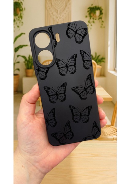 Redmi 13C-SIYAH Kelebek Desenli Lansman Kamera Korumalı Yumuşak Silikon Rubber Kılıf