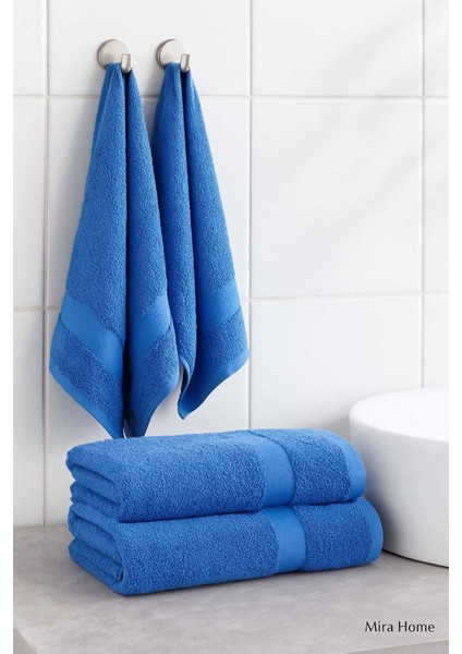4 Parça Ekonomik Banyo Havlu Takımı &AMP;#37;100 Pamuklu Quickdry Mavi Mavi