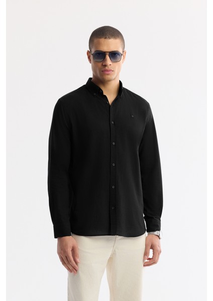 Erkek Siyah Düğmeli Yaka %100 Pamuk Regular Fit Gömlek A51Y2206