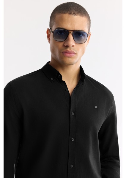 Erkek Siyah Düğmeli Yaka %100 Pamuk Regular Fit Gömlek A51Y2206