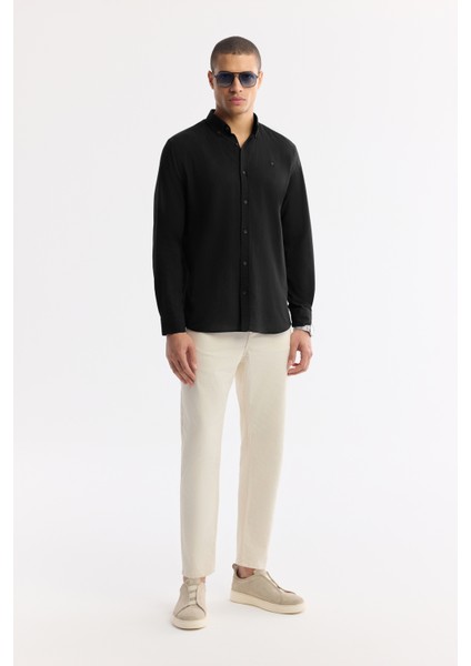 Erkek Siyah Düğmeli Yaka %100 Pamuk Regular Fit Gömlek A51Y2206