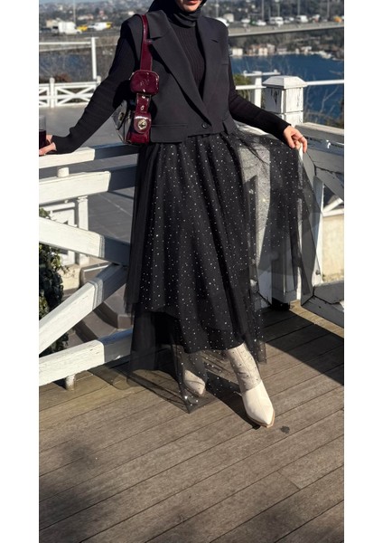 Tül ve Taş Detaylı Etek Siyah