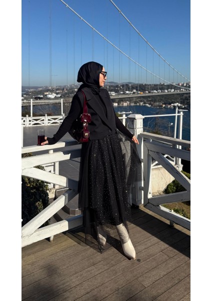 Tül ve Taş Detaylı Etek Siyah fiyatları