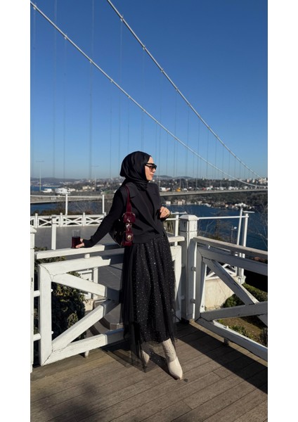 Tül ve Taş Detaylı Etek Siyah modelleri