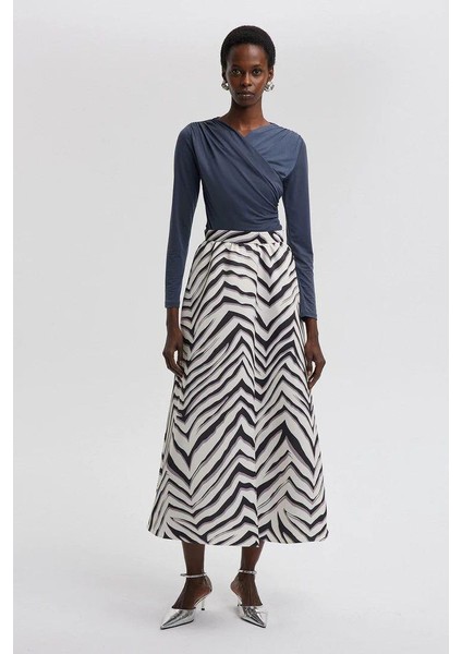 Desenli Saten Kloş Etek Taş